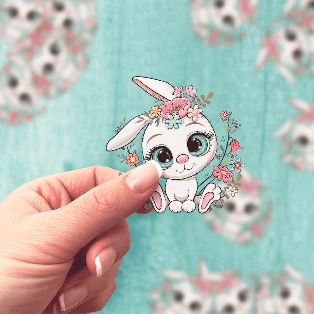 White Floral Bunny Sticker