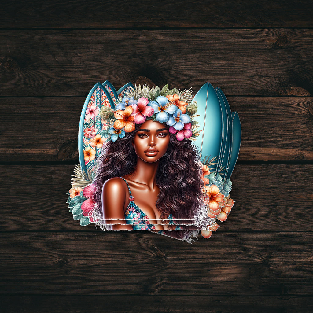 Black Surfer Girl Flower Sticker