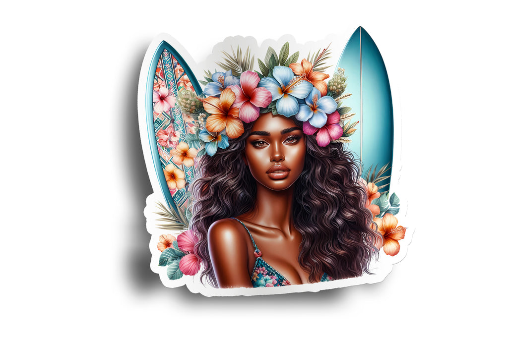 Black Surfer Girl Flower Sticker