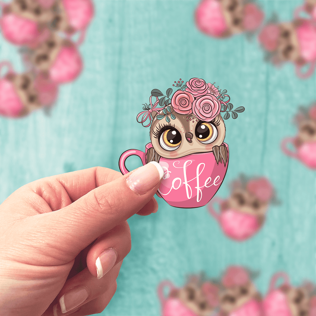 Pink Owl Coffee Cup Sticker