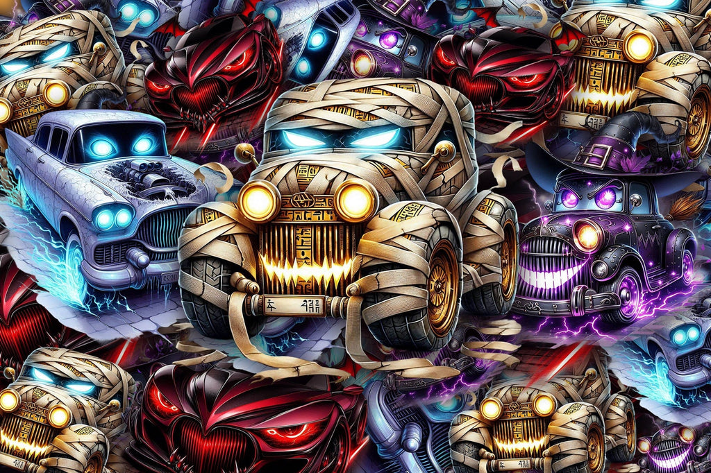 Colorful and stylized illustration of vintage cars with a mummy design.